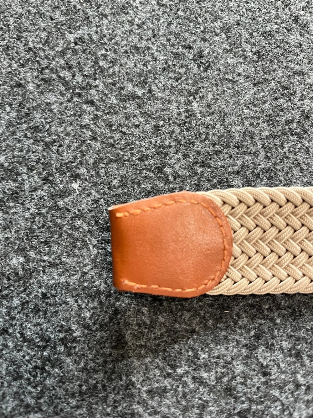 Stretch Woven Elastic Belt in Beige with Brown Leather Trim